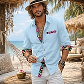 voordelige Vakantie-herenoverhemd linnen overhemd zomeroverhemd strandkleding overhemd met knoopsluiting bloemenprint casual dagelijks boho zwart wit roze grijs lange mouwen revers zomer lente &amp;herfstkleding kledingstuk