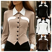 Недорогие Нарядные блузки-Жен. Блуза Пэчворк Пуговицы Контрастных цветов Элегантный стиль Стиль Классика Длинный рукав Рубашечный воротник Обычные топы Повседневные Офис Черный Белый Коричневый Хаки Весна Осень