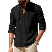 Недорогие Классический-Муж. Рубашка Льняная рубашка Стиль Викингов Летняя рубашка Одежда для пляжа Рубашка с воротником-стойкой Сплошной цвет Повседневные Отпуск Черный Белый Зеленый Цвет хаки Длинный рукав