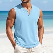 voordelige Katoenen Linnen T-shirts-Voor heren T-shirt Linnenachtig T-shirt Mouwloos Korte mouw V-hals Henley Zomer Effen Met Textuur Modieus Klassiek Casual Puur Casual Straat Sport Wit Top T-shirt voor mannen