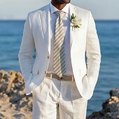 cheap Beach Suits-Men's Linen Suits Beach Wedding Spring Wedding Black White Spring &amp; Summer Suit Notch Lapel Fashion Lightweight Solid Colored Tailored Fit 2 Piece Single Breasted Two-buttons