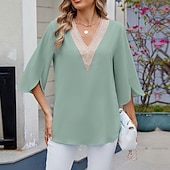 preiswerte Schicke Blusen-Damen Hemd Bluse Chiffon Tops Patchwork Farbblock Stilvoll Lässig Langarm V Ausschnitt Normale Oberteile Täglich Ferien Ausgehen Blau Schwarz Weiß Rosa Himmelblau Sommer Frühling