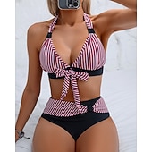 economico Surfing Tankinis &amp; Bikinis-Per donna Top bikini con scollo all'americana Costume da bagno 2 pezzi A righe Gamba corta Asciugatura Rapida Elastico Senza Maniche Costume da Bagno Costume da bagno Surf Spiaggia Nuoto Estate