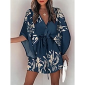 tanie Sukienki kwiatowe-Damskie Krótka sukienka mini Codzienne sukienki Sukienka A line Moda Nowoczesny Codzienny Plaża Urlop Luźna Kwiaty Tropikalny Rękaw 3/4 W serek Niebieski Żółty Rumiany róż Granatowy Lato Wiosna