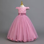 abordables Vestidos de Niña de Flores-Vestido de Niña Florista Chica Vestido formal Atuendo de boda Fiesta Boda Formal Moda Adorable Princesa Retazos Malla Color sólido Sin Mangas Cuello Barco Azul Piscina Rosa 4 años +