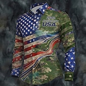  男性用 7月4日 米国建国250周年 米国旗 愛国 シャツ ボタンアップシャツ 長袖 ヴィンテージレトロ 祝日 カジュアル／普段着 春 秋 折襟 3Dプリント 襟付きシャツ アーミーグリーン カーキ色