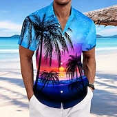 billiga Tropiska växter-Herr Kokosnötsträd Stjärnbeströdd himmel Hawaii skjorta Knapp upp skjorta Aloha skjorta Kortärmad Hawaiisk Tillflykt Semester Helgdag Standkläder Sommar Vår Nedvikt krage skjortor Blå Rosa Orange