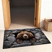 voordelige Portier-3D optische illusie deurmat, 2D platte print, 3D berenhol illusie vloerkleden, realistische grizzlybeer muur brekende mat, entree badkamermat