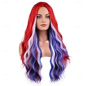  Peruca para Mulheres para o Dia 4 de Julho Longa Cacheada Vermelha Branca e Azul Fantasia para Festa do Dia da Independência