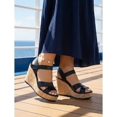 abordables Mujeres-Sandalias de plataforma con cuña de corcho negro para mujer: tacones de verano cómodos con tiras y punta abierta para vacaciones en la ciudad, turismo y clubes de playa. &amp;viajeros activos