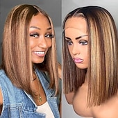 cheap Human Hair Lace Front Wigs-Highlight P4/27 Bob Human Hair Wig 4*4 Lace Wigs Human Hair 150% Density Brazilian Human Hair Wigs  With Baby Hair Natural Hairline
