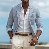 abordables Chaqueta de sport-Chaqueta blazer para hombre, de seersucker, con cuello de muesca, ligera, informal, a rayas, en amarillo, rosa, azul cielo, corte entallado, botonadura sencilla, dos botones.