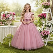 abordables Vestidos de Niña de Flores-Vestido de Niña Florista Chica Vestido formal Atuendo de boda Fiesta Boda Formal Moda Adorable Princesa Retazos Malla Color sólido Sin Mangas Cuello Barco Azul Piscina Rosa 4 años +