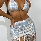 abordables Hauts &amp; Ensembles-Ensemble de bikini scintillant et jupe à franges à sequins Samba Dancewear Costume de performance