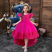 billiga Flower Girl's Dresses-Flower Girl Dress Girls' Formal Dress Wedding Attire Party Wedding Formal Adorable Princess Sweet Patchwork Mesh Solid Color Short Sleeves Crew Neck Pink Red 4 years+