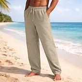 preiswerte Urlaub-Herren Leinenhosen Hose Sommerhose Baggy-Hosen Strandhose Kordelzug Elastischer Bund Gerader Schnitt Einfach Komfort Atmungsaktiv Volle Länge Lässig Täglich Outdoor Mode Klassicher Stil Schwarz