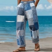 Недорогие Мужские повседневные брюки с принтом-Men's Geometric Color Block Patchwork Trousers Baggy Pants Casual Pants Mid Waist Fashion Home Outdoor Vacation Elastic Drawstring Waist Linen-Like Pants with Pockets Summer Spring 3D Print Blue Pink