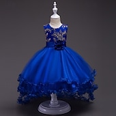 abordables Robes de Fille de Fleurs-Robe de Demoiselle d'Honneur Fille Fille Robe de soirée Tenue de mariage Soirée Mariage Formel Élégant Mode Beau Maille Fleuri Sans manches Col Rond Gris bleu marine 4 ans et +