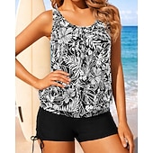 preiswerte Surfen Tankinis &amp; Bikinis-Damen Geraffter Tankini 2 Teile Tropisch UV Schutz Elastisch Ärmellos Bademode Surfen Strand Schwimmen Sommer