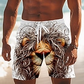 baratos Animais &amp; Aves-Homens Desenho Animado Leão Engraçado Calção Justo de Natação Shorts de Natação Bermuda de Surf Cintura Média Havaiana férias na praia Bolsos laterais Forro de malha Cintura elástica com cordão