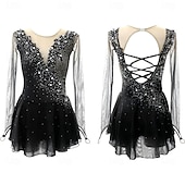 abordables Robes de Patinage Artistique-Robe de patinage artistique Femmes Patinage Robe Bleu marine Noir Jaune Patchwork Trou de pouce Élastique Entraînement Compétition Tenue de Patinage Classique cristal pailleté manche longue Patinage