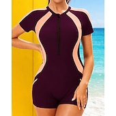 cheap One Pieces Rash Guards-Women's Rash Guard Bathing Suit Swimsuits Patchwork Zip Up UV Protection Elastic Short Sleeve Swimwear Swimsuit Surfing Scuba Swimming Summer