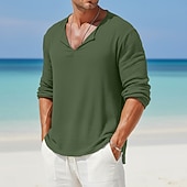 cheap Cotton Linen T-shirts-Men's Linen Shirt T Shirt Tee Long Sleeve Shirt Long Sleeve V Neck Summer Spring &amp;  Fall Solid Color Vintage Fashion Casual V Neck Plain Casual Daily Work Black White Navy Blue Top Tee for Men