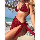 preiswerte 3-teiliges Bikini-Set-Damen Badeanzug Bikini Dreiteilig Rock Bademode Schlank Rückenfrei Urlaub Strandbekleidung Einfarbig Neckholder Ärmellos Badeanzüge