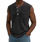 abordables Débardeurs-Débardeur pour homme SoftFade™ sans manches chemise sans manches Henley été printemps uni basique poche style vintage teinture en pièce vacances street décontracté quotidien noir haut Tee pour hommes