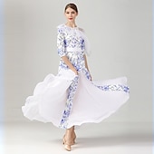 cheap Standard  Ballroom-Women's Blue and White Floral Ballroom Dance Dress Asymmetrical Mesh Ruffle Shoulder 3/4 Sleeve Waltz Gown Modern Standard Competition Outfit