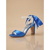 tanie Panna młoda-Damskie fioletowe satynowe szpilki ślubne z perłowym paskiem wokół kostki i kokardką, eleganckie sandały ślubne z odkrytymi palcami dla panien młodych, luksusowe buty na wysokim obcasie do ceremonii