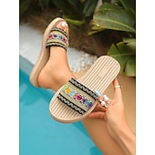 preiswerte Frauen-Bestickte, flache Damen-Sandalen im Boho-Stil mit gewebter Sohle – farbenfroher, tropischer Resort-Look, bequeme Sommerpantoletten zum Entspannen am Pool und für Inselurlaube
