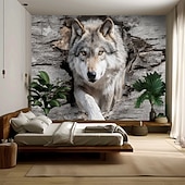 billige Veggoppheng-3D-ulveteppe veggteppe realistisk treulv som kommer ut av tre veggdekor stor stoffplakat til stue soverom mannehule