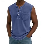 abordables Débardeurs-Débardeur pour homme SoftFade™ sans manches chemise sans manches Henley été printemps uni basique poche style vintage teinture en pièce vacances street décontracté quotidien noir haut Tee pour hommes