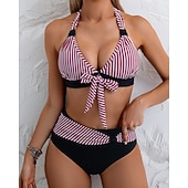economico Surfing Tankinis &amp; Bikinis-Per donna Top bikini con scollo all'americana Costume da bagno 2 pezzi A righe Gamba corta Asciugatura Rapida Elastico Senza Maniche Costume da Bagno Costume da bagno Surf Spiaggia Nuoto Estate