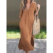 cheap Plain Dress-Women's Maxi Dress Shift Dress Summer Dress Casual Daily Loose Fit Plain 3/4 Length Sleeve V Neck Blue Black White Red Summer Spring Fall