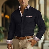 cheap Men's Non Iron Shirts-Men's Shirt Dress Shirt Non Iron Shirt Button Up Shirt Color Block Business Wedding Navy Blue Long Sleeve Turndown All Seasons Clothing Apparel Patchwork