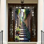 abordables Bannières de Garage et de Porte-Bannière 3D représentant une vieille ruelle, des escaliers en pierre, une vue de rue méditerranéenne, un rideau de porte réaliste et pittoresque, idéal pour la décoration de votre porte d'entrée.