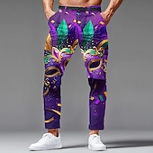 preiswerte Herrenanzughose mit 3D-Druck-Karneval Herren Karnival Glasperlen Maske mit Federn Hose Anzughose Mittlere Taille Vintage-Retro Ferien Slim Fit Hose mit Taschen Frühling Herbst 3D-Druck Purpur Dunkelviolett