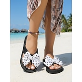 billiga Kvinnor-Damflip-flops med prickig rosett – avslappnade strandsandaler med bekväm platåsula för semester, sommar och avkoppling vid poolen