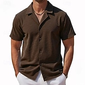 お買い得  メンズスマートカジュアルシャツ-男性用 シャツ カジュアルシャツ ボタンアップシャツ バーガンディー アプリコット コーヒー 半袖 平織り キューバンカラー カジュアル 日常 衣類 エレガント ファッション カジュアル