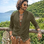 billiga Semester-herrskjorta linneskjorta sommarskjorta vardagskjorta bohemskjorta enfärgad vardaglig blå svart vit rosa långärmad mandarinkrage sommar vår &amp;höstkläder