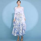 economico Sala da Ballo Standard-abito da ballo da sala da donna con fiori, in rete trasparente, a maniche lunghe, con volant sovrapposti, abito da competizione moderno standard, bianco e blu