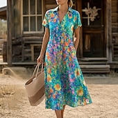preiswerte Lässige Blumenkleider-Damen kleid lang Boho Chic Kleider Sommerkleid Strandkleid Tropisch Brautkleider schlicht Boho Urlaub Arbeit Täglich Regular Fit Ditsy Blumig Kurzarm V Ausschnitt Kargen Braun Regenbogen Sommer