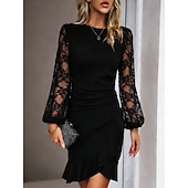 ieftine Rochie simplă-Pentru femei Rochie Mini Rochie teacă Elegant Petrecere cocktail În aer liber Petrecere Invitat la nunta Dantelă Peteci Fit regulat Culoare solidă Manșon Lung Stil Nautic Negru Roșu Vin Verde Închis