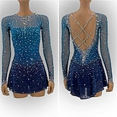 abordables Vestidos de Patinaje Artístico-Vestido de patinaje artístico Mujer Patinaje Sobre Hielo Vestidos Azul Retazos Espalda Abierta Elástico Entrenamiento Competición Ropa de Patinaje Clásico Cristal / Strass Manga Larga Patinaje sobre