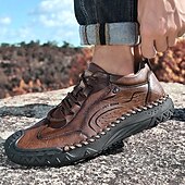 cheap Casual Lace-Up Shoes-Men's Brown Hand-Stitched Faux Leather Hiking Shoes – Rugged Casual Footwear for Outdoor Trekking &amp; Daily Street Style
