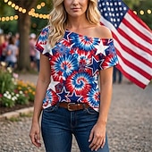  250-jähriges Jubiläum USA Retro Vintage 1980er T-Shirt Ein-Schulter Kurze Ärmel Kostüm Damen 4. Juli Unabhängigkeitstag Erwachsene T-shirt