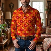 abordables Tapas-Retro Antiguo Años 70 Camisas Camisa hawaiana Larga Hippie Floral Disfraz Hombre Mascarada Festival de Música Fiesta Ropa Cotidiana Adulto Camisas