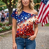 preiswerte Oberteile-250-jähriges Jubiläum USA Retro Vintage 1980er T-Shirt Ein-Schulter Kurze Ärmel Kostüm Damen 4. Juli Unabhängigkeitstag Erwachsene T-shirt